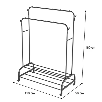 Colgador Perchero de Metal con Ruedas con Doble Organizador y Doble Repisa 160x110x56cm