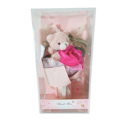 Ramo de oso de peluche con rosa en caja