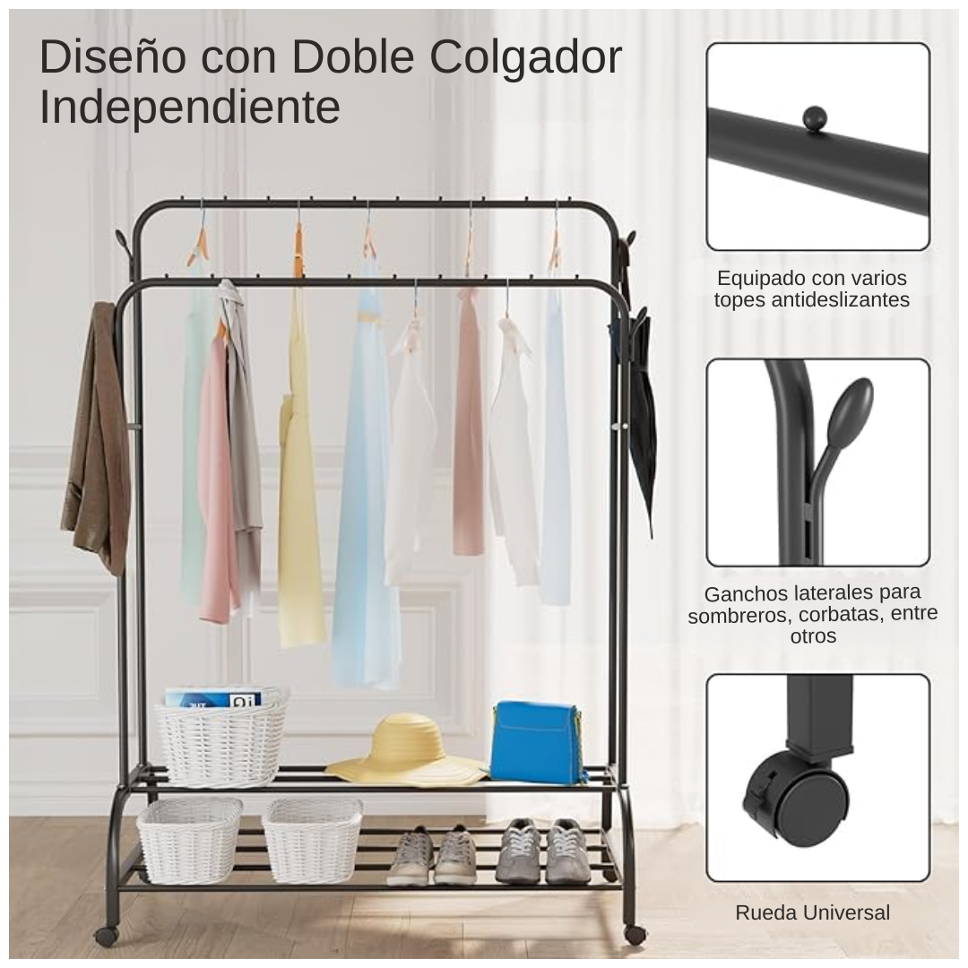 Colgador Perchero de Metal con Ruedas con Doble Organizador y Doble Repisa 160x110x56cm